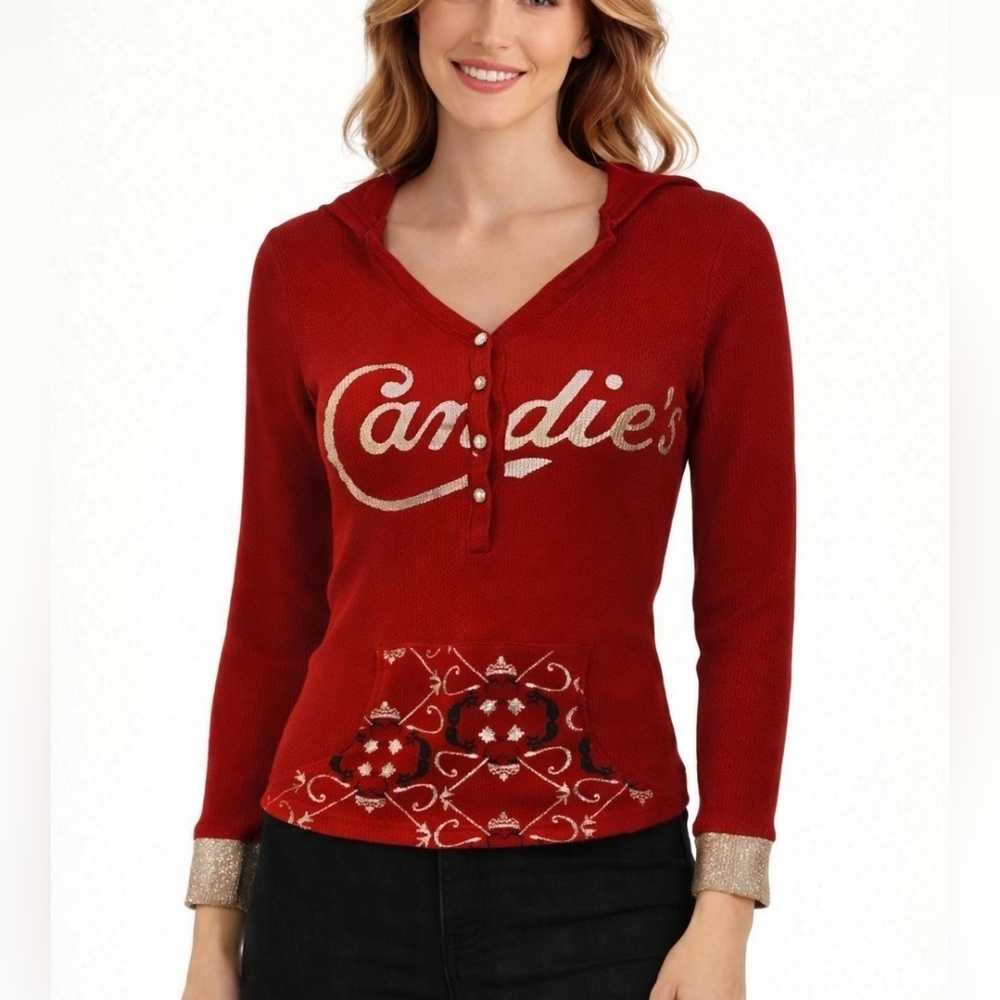 CANDIE'S Y2k Waffle Metallic Long Sleeve Hoodie